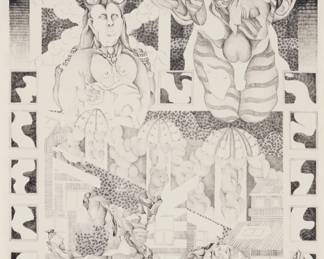 210 Rick Wolfryd (b. 1953) Surrealist composition with human and animal figures, 1977 Lithograph on paper Edition: Artist proof Signed, dated, and inscribed in pencil in the lower margin: Richard Wolfryd 1977 / "To Don - Thanks for Everything" Image: 18.5" H x 15.5" W; Sheet: 20" H x 16.625" W Estimate: $300 - $500