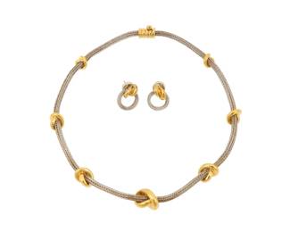 265 A set of Tane sterling silver and vermeil jewelry Late 20th century Each stamped: Tane / ME 32 / MEX / 925; earrings further stamped: C32 Two works comprising a sterling silver rope chain choker necklace with chunky graduated vermeil knot fixed link accents, with a pair of matching earrings 3 pieces 17" L x 0.5" H; Earrings: 0.875" H 66.4 grams gross Estimate: $400 - $600