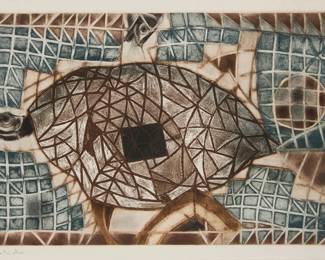 136 Francisco Toledo (1940-2019, Mexican) "La Tortuga," 1982 Aquatint, engraving, etching, and drypoint in colors on BFK Rives paper A Prueba de artista (Artist's proof aside from the edition of 20) Signed in pencil lower margin, at left: Toledo Plate: 8" H x 12.5" W; Sight: 8.75" H x 13.5" W Estimate: $1,500 - $2,500