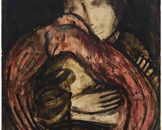 115 Hector Poleo (1918-1989, Venezuelan) "Embrace" Oil on paperboard laid to panel Signed lower left: Poleo; titled by repute Image/Paperboard: 25.25" H x 19.875" W (irreg.); Panel: 25.875" H x 19.875" W Estimate: $1,500 - $2,000
