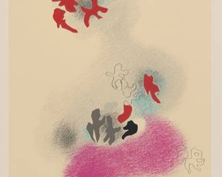 150 Carlos Mérida (1891-1984, Guatemalan) Untitled, plate 3 from the "Cielos Luminicos" portfolio, 1941 Screenprint in colors on wove paper Edition: 78/100 Signed and numbered in pencil in the lower margin: Carlos Mérida; also signed and dated as part of the image; printed "3" in white ink, verso; Taller de Ediciones Multiarte, Mexico City, prntr.; with an unidentified blindstamp in the lower left margin Image: 15" H x 11.75" W; Sheet: 30" H x 22.25" W Estimate: $700 - $900