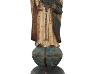 17 A Spanish Colonial polychrome carved wood santo bulto 19th century Depicting San Vicente 15.25" H x 5.5" W x 5.125" D Estimate: $300 - $500