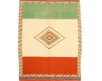 37 A Mexican Late Maximilian Period Bandera sarape Circa 1870-1875 A Mexican flag Bandera-style sarape finely woven in orange-red, cream, and green floss wool with a central diamond medallion, an elaborate barbed border, and multicolored striped banding to each end 78" H x 42" W approximately Estimate: $2,000 - $3,000