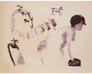 138 Francisco Toledo (1940-2019, Mexican) Woman with hats Lithograph on wove paper From the edition of unknown size and date Signed in pencil lower right: Toledo; inscribed in pencil "#16" verso Sheet: 20" H x 26" W Estimate: $800 - $1,200
