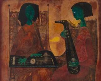 116 Felipe Orlando (1911-2001, Cuban) "Sonata," 1956 Oil on burlap Signed lower left: Felipe Orlando; signed again, titled, and dated "1956" in black on the verso and on the stretcher; inscribed indistinctly in pencil on the stretcher 31" H x 37" W Estimate: $1,500 - $2,500