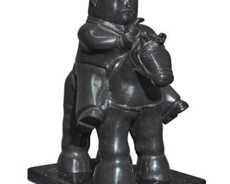 187 After Fernando Botero (1932-2023, Colombian) "Perdito," 1984 Patinated bronze on granite plinth Edition: XXIX/L Signed, dated, and numbered in the casting: F. BOTERO; foundry impression: FONDERIA M ITALY Bronze: 11.5" H x 8.75" W x 6.25" D; Overall: 12.25" H Estimate: $600 - $800