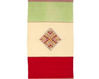 38 A Mexican Late Maximilian Period Bandera sarape Circa 1875-1880 A Mexican flag Bandera-style sarape finely woven in red, white, and green wool with a multicolored central diamond medallion and striped banded motifs to each end, and with elaborate knotted fringing 81" H x 37" W approximately Estimate: $1,000 - $1,500