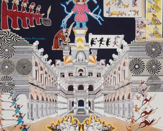 171 Pedro Friedeberg (1936-2026, Mexican) "Schloss Struwwelpeter," 2016 Giclée in colors on paper in artist's frame Edition: 35/50 Signed and numbered in ink in the lower right and left sheet corners: Pedro Friedeberg; signed again and dated "2016," and with the artist's stamp, all printed as part of the image in the lower corners Sight: 27" H x 29.25" W Estimate: $600 - $800