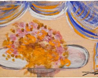 113 Jesús Reyes (Chucho) Ferreira (1882-1977, Mexican) "Flores," circa 1963 Tempera on tissue-thin Chinese paper Signed lower right: J. Reyes Ferreira; titled and dated on a typed label affixed to the frame's backing paper Image/Sheet: 19.375" H x 29.25" W Estimate: $1,500 - $2,000