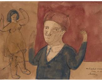 119 José Luis Cuevas (1934-2017, Mexican) "Autorretrato Bailando" (Self Portrait Dancing), 1977 Watercolor and ink on textured paper Signed, titled, and dated in ink lower right: Cuevas / 77 / Roma 31.XII.1977 Image/Sheet: 7.375" H x 10.5" W Estimate: $2,000 - $3,000