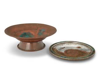 163 Two Mexican metal ashtrays Two works:  A Héctor Aguilar hammered copper footed bowl, circa 1939-1948; Taxco, Mexico Héctor Aguilar (1905-1986) Impressed too underside: HA [conjoined] / TAXCO / MEXICO 2.125" H x 6" Dia.  A Los Castillo inlaid mixed metal plate, mid-20th century; Taxco, Mexico Impressed to underside: HANDWROUGHT / LOS CASTILLO / 36 Sterling silver, brass, and copper, depicting a hand, footprint, and bird figure centered by a swirling motif, the rim inlaid with azurmalachite 5.125" Dia.  2 pieces Estimate: $300 - $500