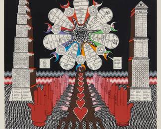 177 Pedro Friedeberg (1936-2026, Mexican) "La Semana de Siete Días" ("The Week of Seven Days"), 1972 Lithograph in colors on Fabriano paper Edition: 14/50 Signed, titled, dated, and numbered in pencil in the lower margin: Pedro Friedeberg; signed and dated as part of the image, lower right Image: 19.625" H x 19.75" W: Sight: 21" H x 21.125" W Estimate: $500 - $700
