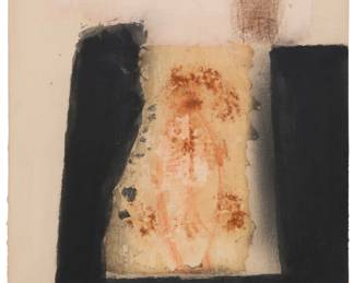 184 Juan Manuel de la Rosa (1945-2021, Mexican) "Luz del Altiplano," 1998 Mixed media including wax and graphite on handmade paper Signed and dated in pencil, and with a red ink chopmark, all lower right: de la Rosa / 98; titled on a gallery label affixed to the frame's backing board Sheet: 19.75" H x 13.25" W (irreg.) Estimate: $500 - $700