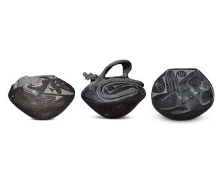 61 Three Mata Ortiz blackware pottery reptile effigy jars Three works:  José Quezada (b. 1972) A blackware snake effigy jar, late 20th/early 21st century Incised to underside: Jose L Quezada The shoulder decorated with banded geometric motifs and a high-relief snake 7" H x 7.25" Dia.  Jaime Quezada (b. 20th century) A blackware lizard effigy jar, late 20th/early 21st century Incised to underside: Jaime Quezada The shoulder with slip-painted fine-line motifs and a lizard in high relief 5.75" H x 7.625" W x 7" D  Maria Luisa Talavera (b. 20th century) A blackware lizard effigy jar, late 20th/early 21st century Incised to underside: Ma Luisa Talavera The shoulder with a band of slip-painted figural and geometric motifs, surmounted by a sculpted lizard figure in high relief 4.875" H x 7.5" Dia.  3 pieces Estimate: $500 - $700