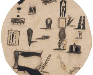 183 Juan Manuel de la Rosa (1945-2021, Mexican) Untitled, 1998 Mixed media including charcoal, red pigment, and gold leaf on paper Signed and dated in pencil, and with the artist's red ink monogram, all lower right: de la Rosa '98 Sheet: 48" Dia. Estimate: $800 - $1,200