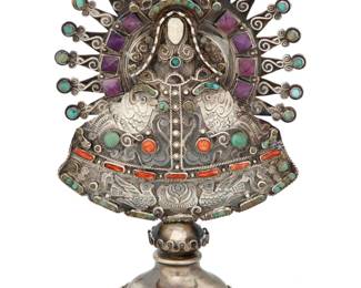 4 Matilde Poulat & Ricardo Salas (d. 1960 & d. 2006, Mexican) for Matl A Matl sterling silver 'Nuestra Senora de La Asuncion de Tonaya' Circa 1960-2006; Mexico City, Mexico Stamped verso: Matl / Mexico / 925 / Salas / [partial] YOD-PAT / 10501 / [Eagle 129]; further inscribed in script: Matl Designed by Matilde Poulat for Matl, under the directorship of Ricardo Salas, in sterling silver with set amethyst, turquoise, and coral and raised on a cloche base 6.25" H x 4" W x 2" Dia. 136.1 grams gross Estimate: $1,000 - $1,500