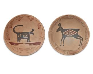 84 Felix Ortiz Rodriguez (b. 1942, Mata Ortiz) Two polychrome pottery bowls, circa 1980s Each incised: Felix Ortiz R With black and red Mimbres-style pictorial decorated interiors on cream slip ground 2 pieces 3.125" H x 10.875" Dia. and 2.75" H x 11.75" Dia. Estimate: $200 - $300