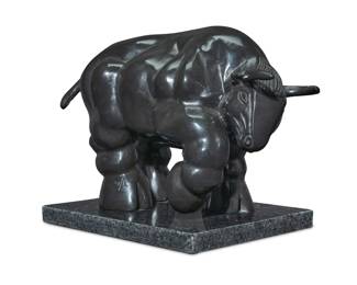 188 After Fernando Botero (1932-2023, Colombian) "El Toro," 1992 Patinated bronze on granite plinth Edition: XXXVI/L Signed, dated, and numbered in the casting: F. BOTERO; foundry impression: FONDERIA M ITALY Bronze: 8" H x 12.625" W x 6.25" D; Overall: 9" H x 12.625" W x 7.5" D Estimate: $600 - $800