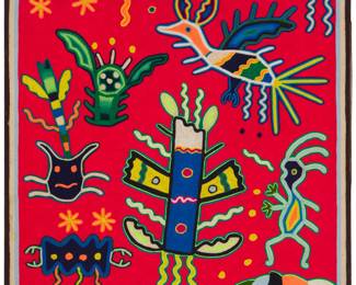 232 Guadalupe Gonzalez (b. 20th Century, Huichol/Wixárika) Late 20th century, Mexico Signed and inscribed in pencil verso The Wixárika yarn painting worked in polychrome yarn depicting multiple spiritual figures, animals, plants and symbols, adhered to plywood 23.75" H x 23.625"W Estimate: $300 - $500