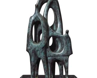 127 Eduardo Rivera Montiel (20th Century, Mexican) Familia, 1985 Verdigris patinated bronze on black marble plinth Edition: III/X Signed and numbered in the casting: E. Montiel Bronze: 18.5" H x 8.75" W x 4.375" D; Plinth: 1.75" H x 12.25" W x 8.25" D Estimate: $800 - $1,200