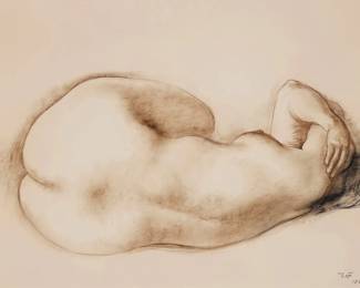 24 Francisco Zúñiga (1912-1998, Mexican) "Desnudo Recostado," 1970 Sepia and black conte crayon on paper Signed and dated lower right: Zga / 1970; titled, dated, and inscribed in pencil, all verso: "pastel sepia / #143" Image/Sheet: 19.75" H x 25.75" W Estimate: $2,000 - $3,000