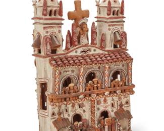 20 A Central American folk art polychrome pottery church 20th century Inscribed to one side: M. H. M. The double-sided model with many figures, porticos, and two belltowers flanking a central crucifix to one side and an angel figure cresting the other 24.25" H x 16" W x 7" D Estimate: $300 - $500
