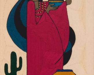 228 Juan Silva (b. 20th Century, Huichol) "Jarra de boda" Signed in yarn to front; signed and titled in ink verso A framed Huichol yarn painting in polychrome yarn depicting a woman in a desert landscape with pottery Sight: 13.375" H x 10.375" W Estimate: $200 - $400