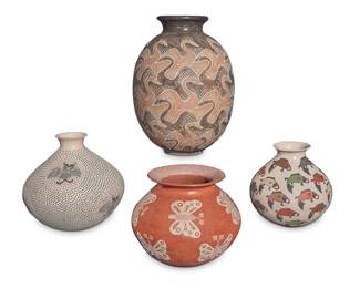 76 Four Mata Ortiz polychrome pottery ollas Four works:  Roberto Bañuelos (b. 20th century) A white on red pottery olla, late 20th century Incised signature to underside: Roberto Bañuelos With fine-line design to rim above butterfly motifs to body 6" H x 6.625" Dia.  Maribel Lopez (b. 20th century) A polychrome pottery olla, late 20th/early 21st century Signed to underside: MARIBEL LOPEZ With multicolor repeated fish motifs on a cream slip ground 6.25" H x 6" Dia.  Luz Elva Gutierrez (b. 1969) A sgraffito polychrome pottery olla, late 20th/early 21st century Incised signature to underside: LUZ ELVA GUTIERREZ With incised and painted red and black owl and dot motifs on a cream slip ground 7.125" H x 7.5" Dia.  A sgraffito polychrome pottery jar, late 20th century Unmarked With all over positive/negative bird motif 10.75" H x 8" Dia.  4 pieces Estimate: $400 - $600
