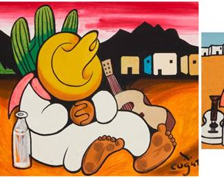 250 Xavier Cugat (1900-1990, Spanish-American) Three works:  Two figures Oil on canvasboard Signed lower right: X. / Cugat 10" H x 8" W  Sleeping man in sombrero Oil on canvasboard Signed lower right: X. / Cugat 12" H x 14" W  "Too Much Tequila" Oil on canvasboard Signed lower right: X. / Cugat; titled on a partial exhibition label affixed verso 8" H x 10" W  3 pieces Estimate: $300 - $500