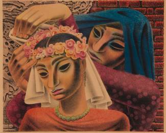 157 Emilio Amero (1901-1976,, Mexican) "Fiesta," 1950 Lithograph in colors on paper Trial proof II, aside from the edition of unknown size Signed, dated, and inscribed "Trial Proof II," in pencil in the lower margin: E. Amero 1950 Image: 9.75" H x 12" W; Sight: 10.25" H x 12.5" W Estimate: $400 - $600