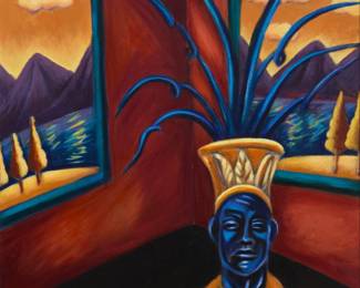118 Patssi Valdez (b. 1951, Mexican-American) "Black Vase," 2002 Oil on canvas Signed lower left: Valdez; titled and dated "2002" in green pencil, verso 24" H x 20" W Estimate: $2,500 - $3,500