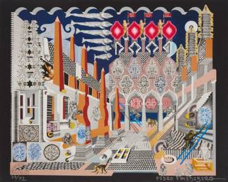 169 Pedro Friedeberg (1936-2026, Mexican) "Changuitos de la Ciudad" ("City Monkeys"), circa 2018 Giclée in colors on paper in artist's frame Edition: 35/42 Signed and numbered in silver ink in the lower corners: Pedro Friedeberg; with the artist's black ink stamp lower left Sight: 15.5" H x 19.5" W Estimate: $500 - $700
