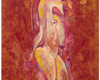 225 Byron Gálvez (1941-2009, Mexican) Abstract figural Mixed media on dark red paper Signed lower right: Byron Image/Sheet: 23.5" H x 17.625" W Estimate: $500 - $700