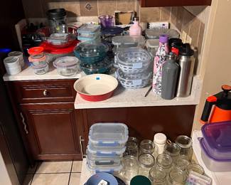 Vitamix blender, Pyrex bowls & storage containers, glass meal prep containers, coffee, mugs, water, bottles, ball canning jars, essential oils