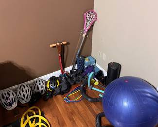 Bike helmets, new bike pump, women’s bike shoes, bike sandals, yoga accessories, stretching gear, lacrosse stick