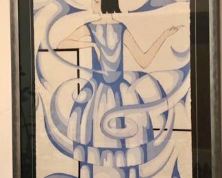 Framed Art Deco Style Woman Print Elegant framed Art Deco-inspired artwork featuring a stylish woman rendered in flowing blue tones. A sophisticated decorative piece perfect for Art Deco, modern, or vintage-inspired interiors.