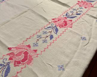 Vintage embroidered linen tablecloth