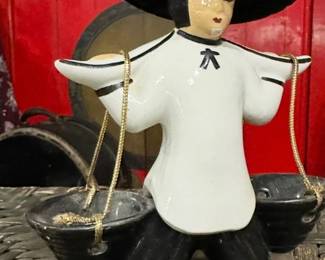 Vintage Asian Figural Jewelry Holder - Whimsical ceramic figural display featuring a traditional Asian figure carrying two hanging bowls.