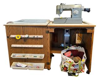 Complete Sewing Setup Singer Heavy Duty HD110C Machine, Cabinet, and Accessories