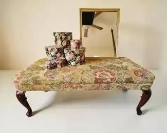 Vintage Floral Upholstered Bench with Matching Nesting Hat Boxes  GoldFramed Mirror
