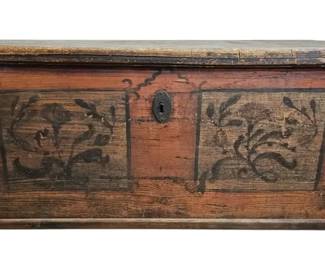 Antique 19th C. HandPainted Folk Art Blanket Chest w Iron Crab Lock and Steamer Chest