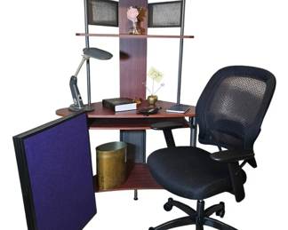 MultiTier Corner Computer Desk with Shelves, Lamp, Reference Book,  Desktop Accessories Lot