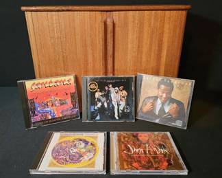 Vintage TeakTech RollTop CD Storage Cabinet  Lot of Classic RB, Rock, and Reggae CDs