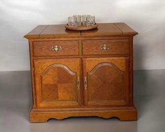 Vintage Oak FlipTop Rolling Bar Cabinet  Server