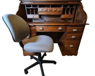 Vintage Wood RollTop Desk  Adjustable Office Chair Set