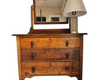 Antique Oak 3Drawer Dresser with Mirror  Crystal Table Lamp Set