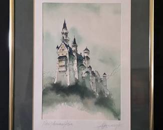 Neuschwanstein Castle Ink  Watercolor Painting