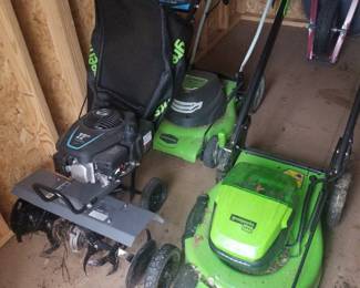 Tiller, Greenworks EGO corded mower, and Greenworks EGO cordless with four batteries.