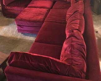 Selig by Monroe vintage sectional sofa, recently restored and covered in red velour. 90x114x34