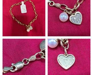 14 karat gold, pretty pearl and diamond heart bracelet